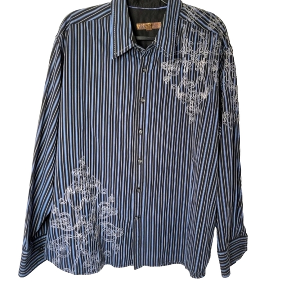 Blue Pronto Uomo Men Size XXL Black Blue Stripe Gaucho Western Embellished Shirt - Picture 1 of 8